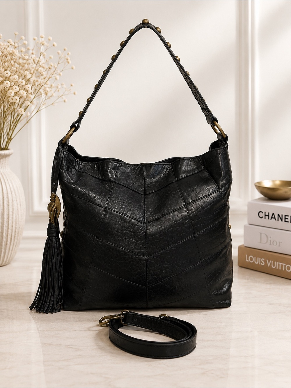 Vintage Y2K Angel By L. Martino Black Leather Shoulder Bag Crossbody Slouchy bag